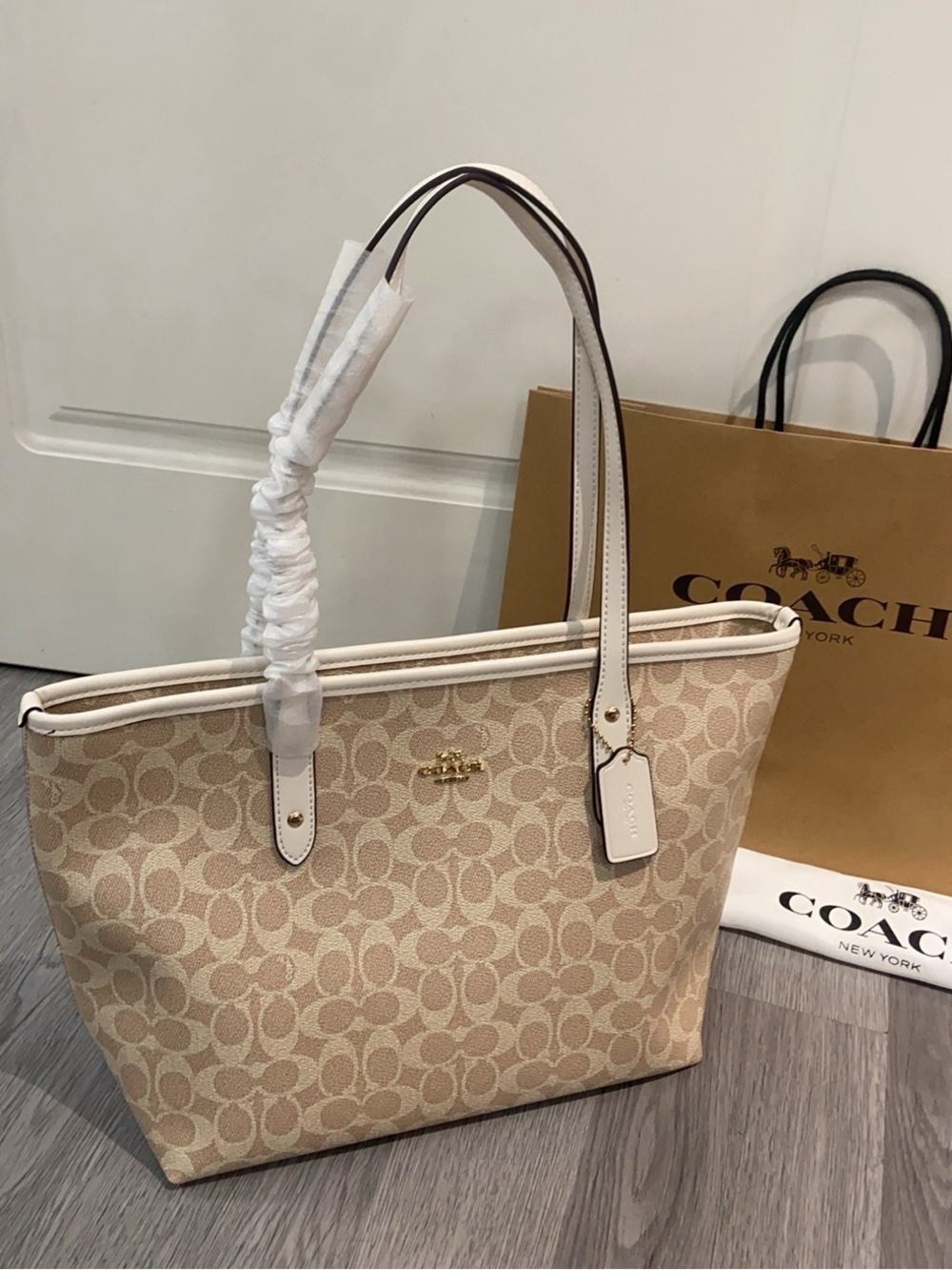 Coach Beige and White Signature Logo Tote